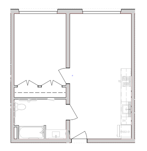 A floor plan of a room with a kitchen, bathroom, and bed.